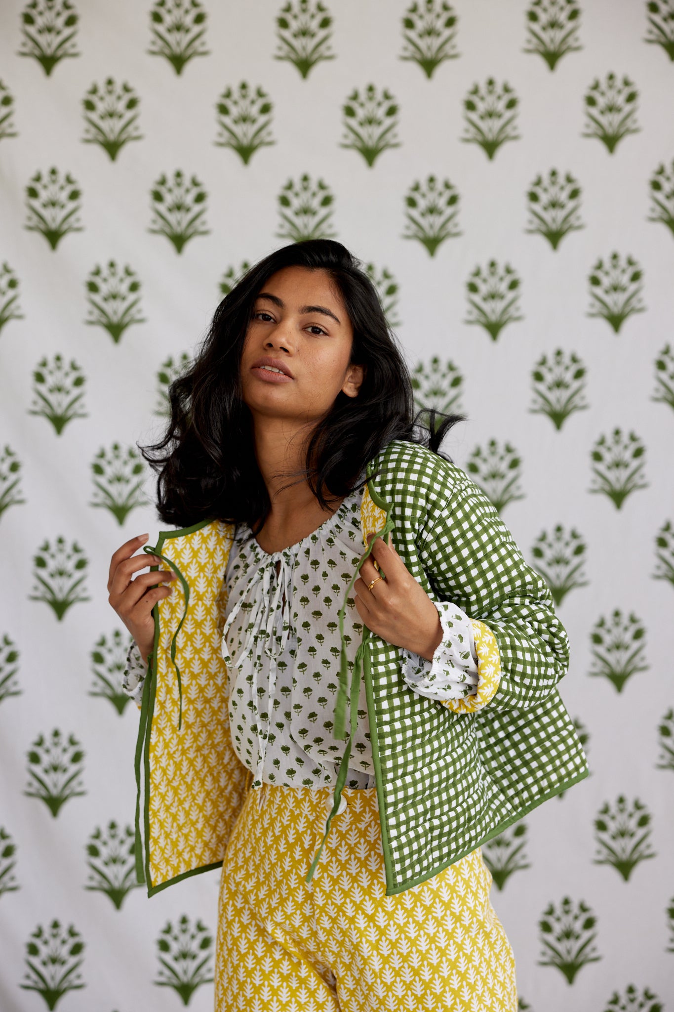 Reversible Quilted Jacket in Cornfield Yellow & Moss