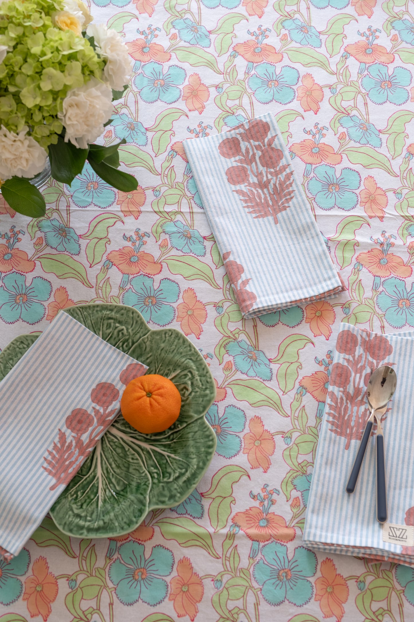 Napkin Set in Poppy Stamp & Thin Stripes