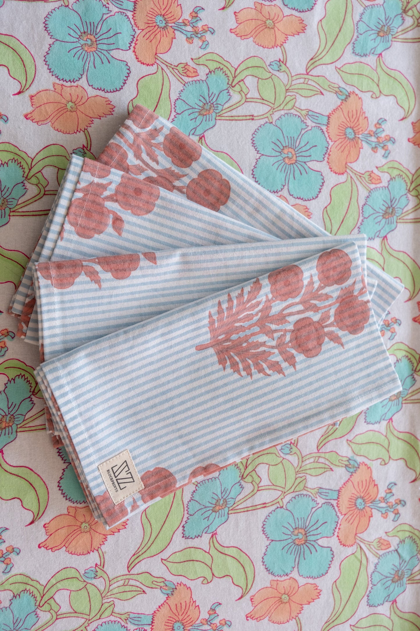 Napkin Set in Poppy Stamp & Thin Stripes