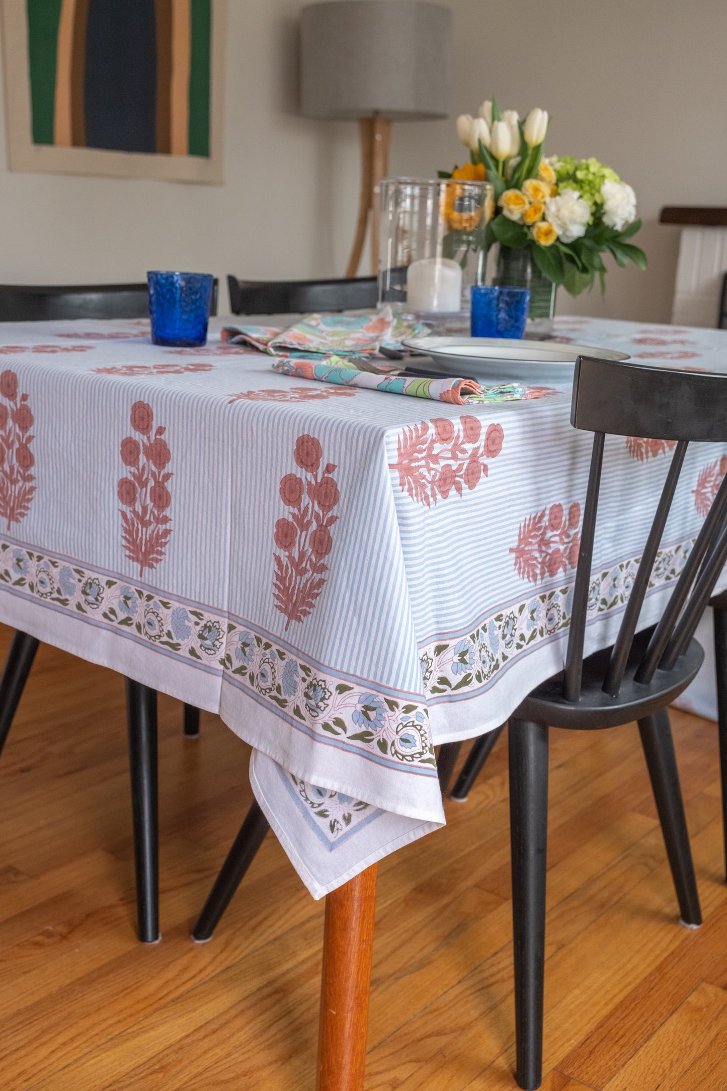 Tablecloth in Poppy Stamp & Thin Stripes