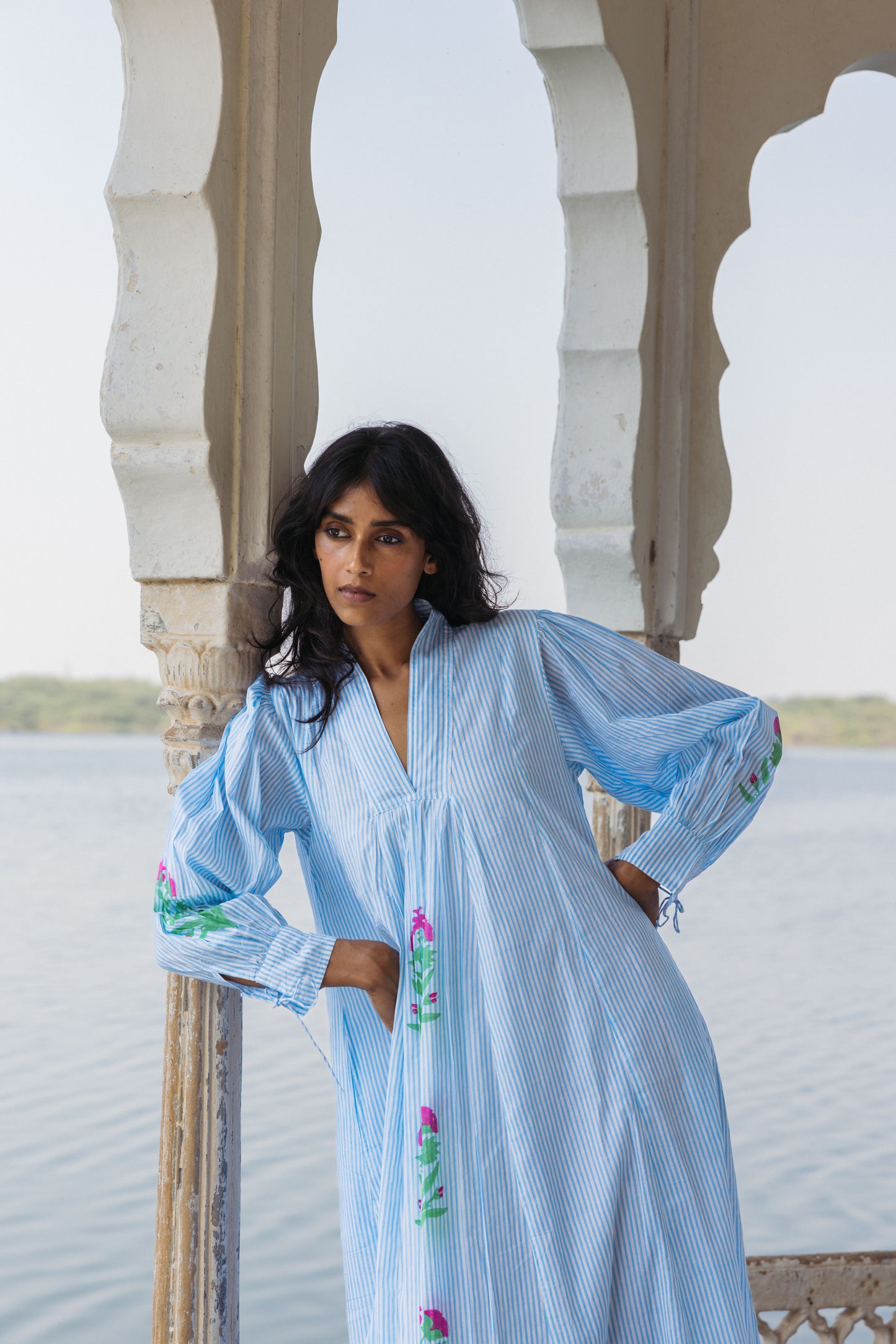 Final Sale: Leo Dress in Palladio Garden & Thin Stripes