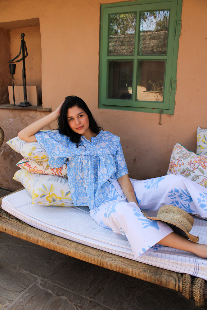Final Sale: Mary Jane Top in China Blue & Warm Grass