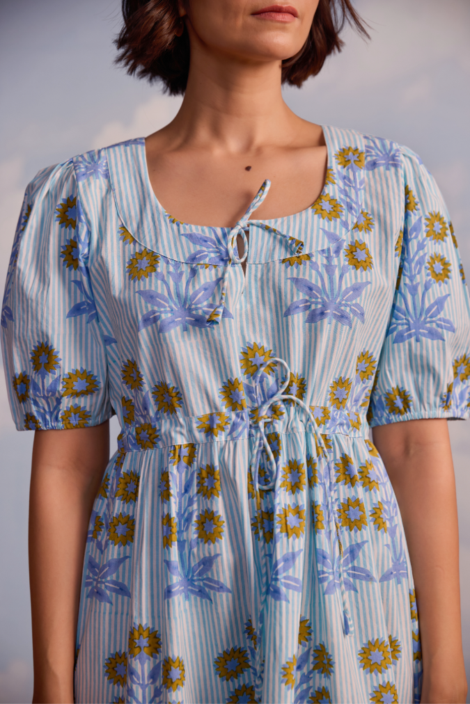 Laura Dress in Marigold on Thin Stripe