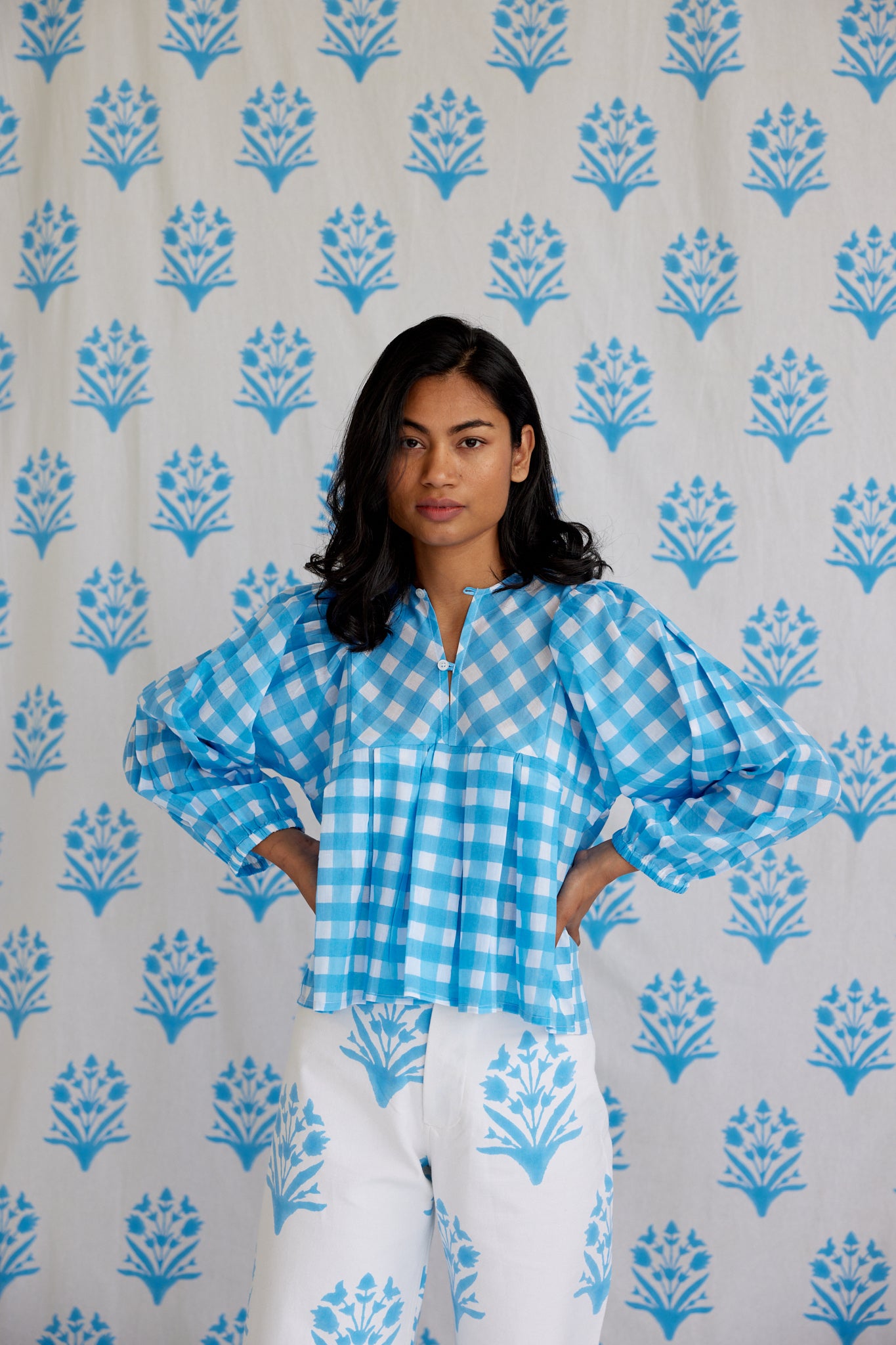 Eva Top in China Blue Gingham