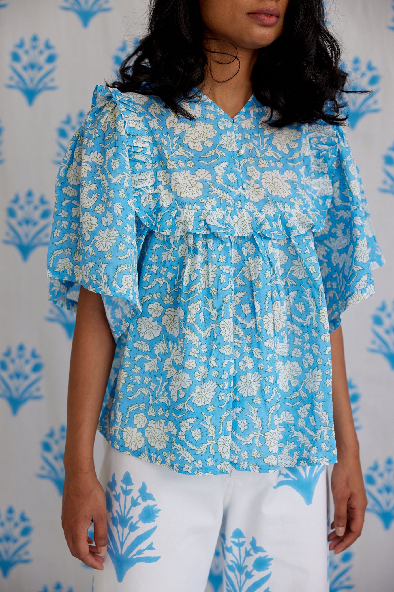 Final Sale: Mary Jane Top in China Blue & Warm Grass