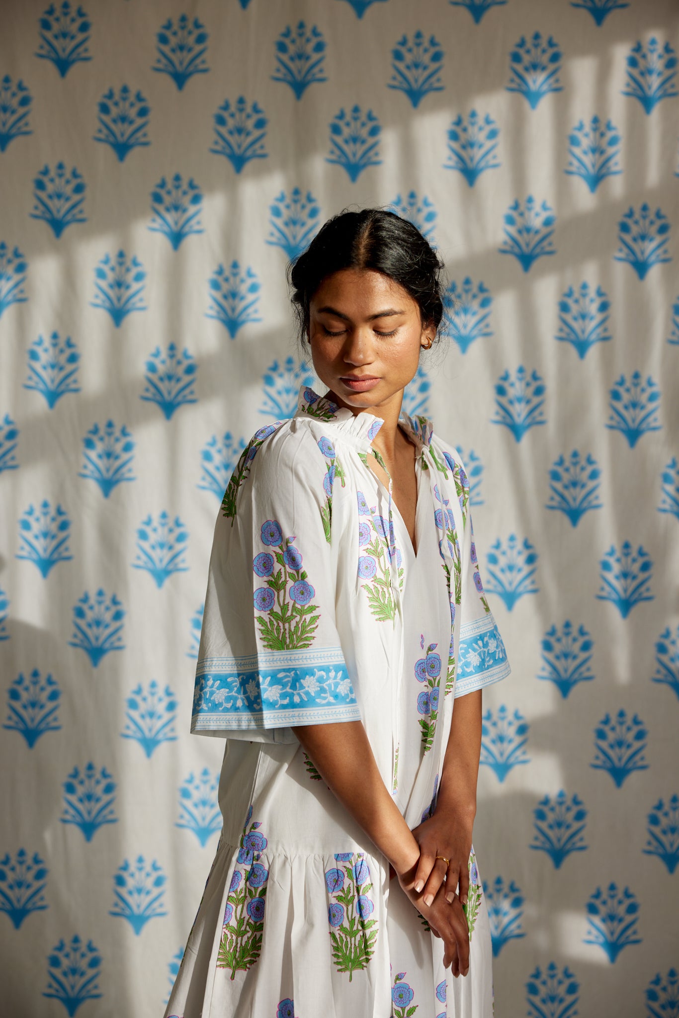 Final Sale: Yuva Dress in China Blue and Warm Grass