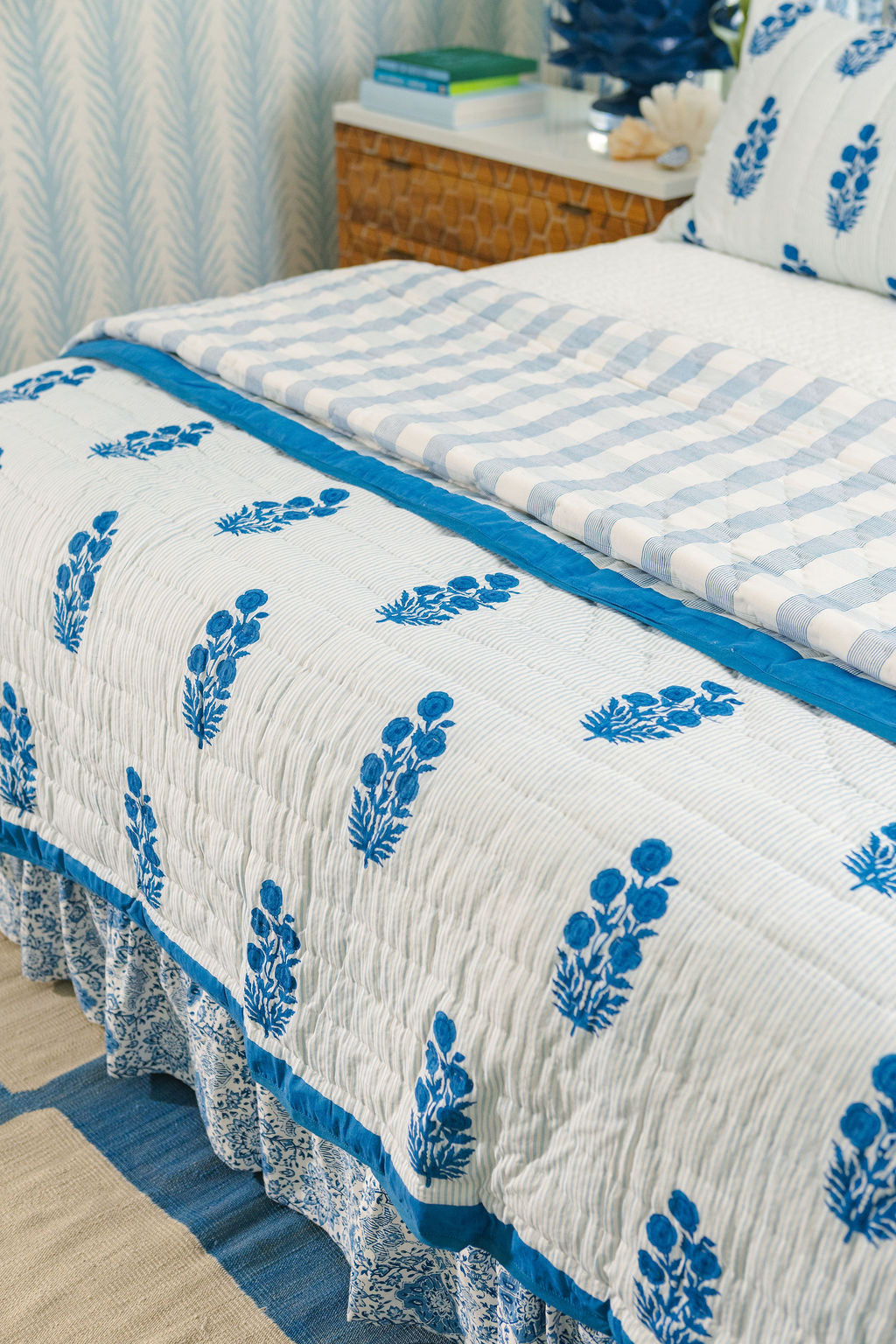 Razai Quilt in Poppy Stamp, Directoire Blue
