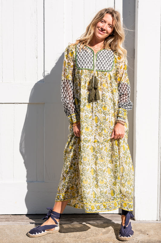 Final Sale: Silk Jodhpur Dress in Moss & Cornfield Yellow