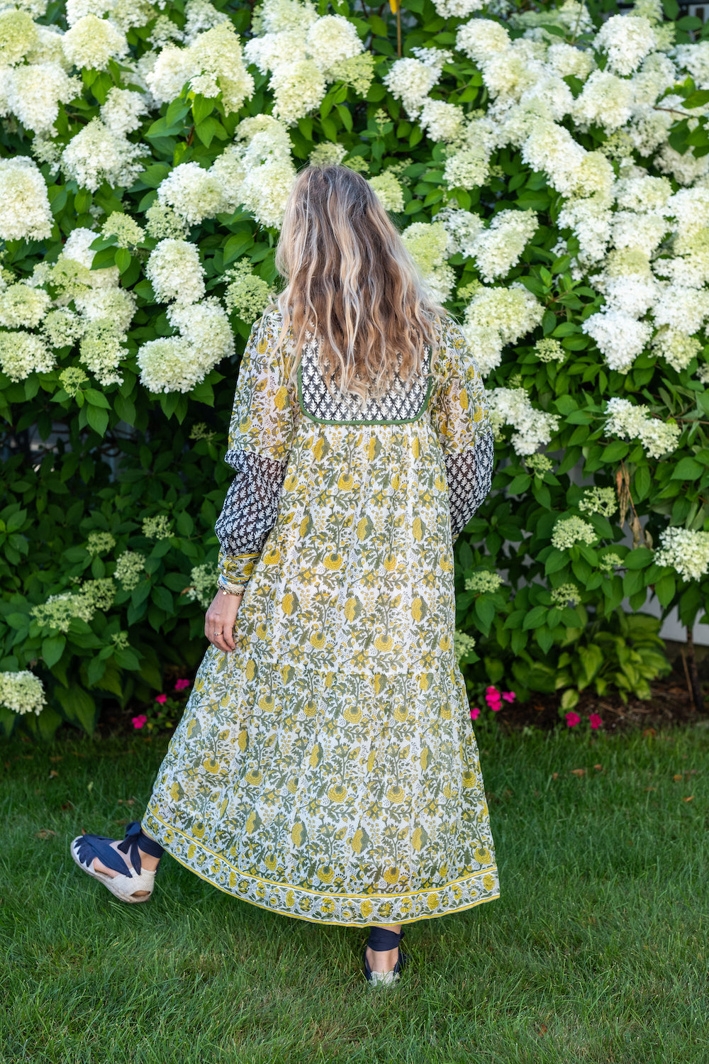 Silk Jodhpur Dress in Moss & Cornfield Yellow