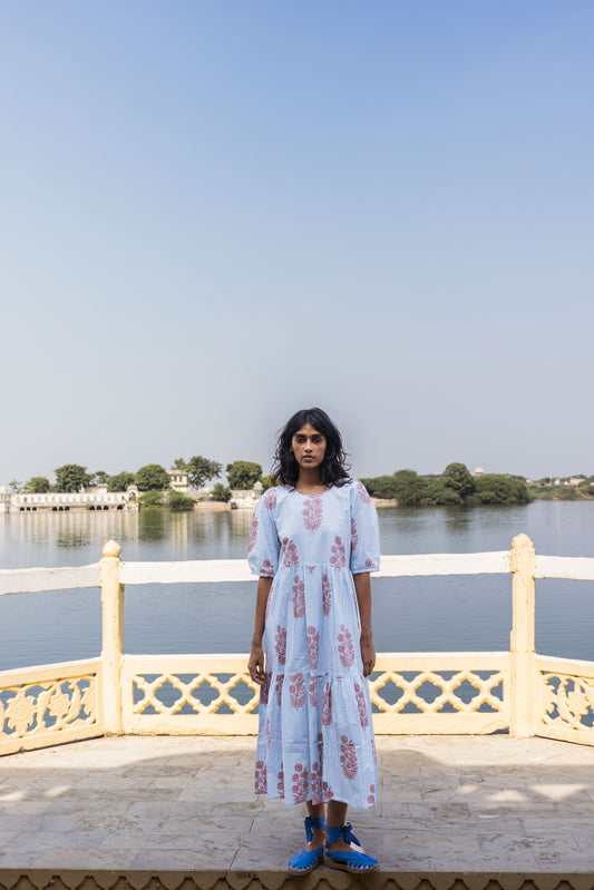 Gaia Dress in Poppy Stamp & Thin Stripes