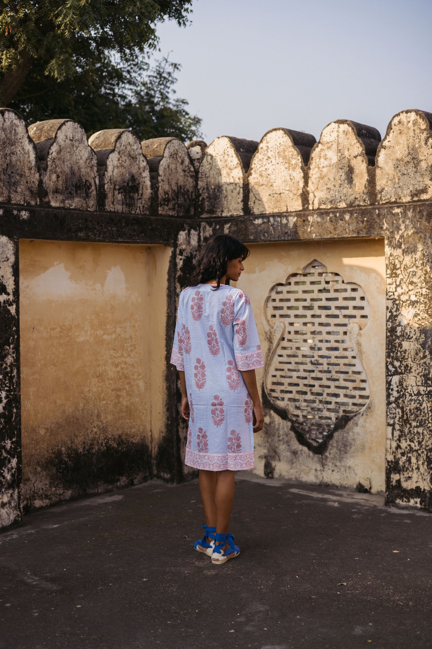 Long Kurta in Poppy Stamp & Thin Stripes