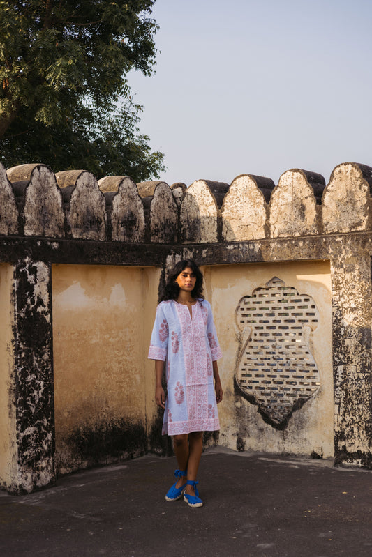 Long Kurta in Poppy Stamp & Thin Stripes