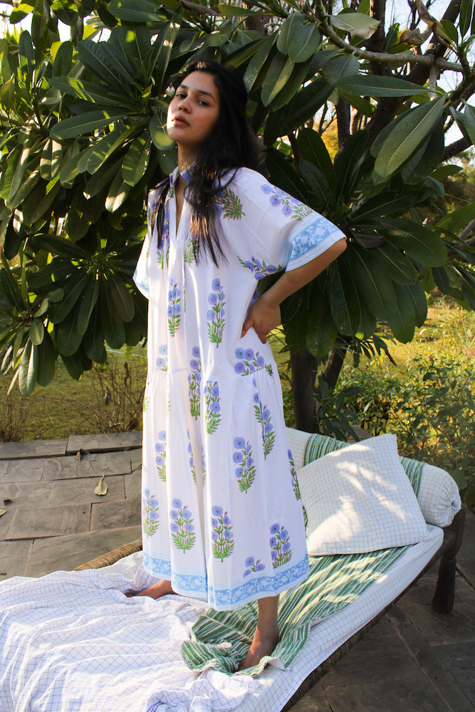 Yuva Dress in China Blue and Warm Grass
