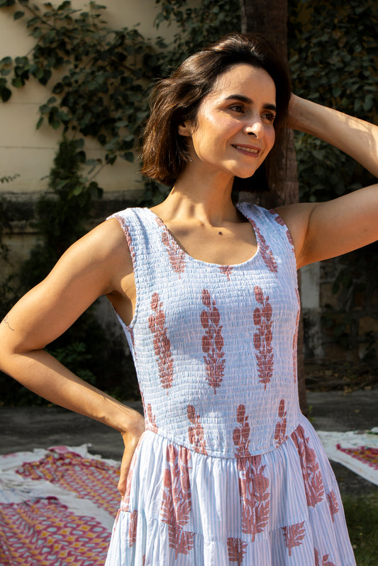 Cecil Dress in Poppy Stamp & Thin Stripes