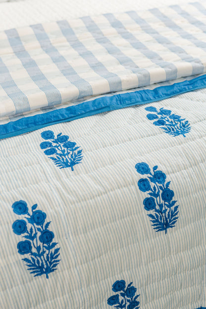 Razai Quilt in Poppy Stamp, Directoire Blue