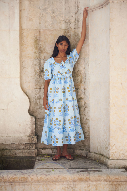 Laura Dress in Marigold on Thin Stripe