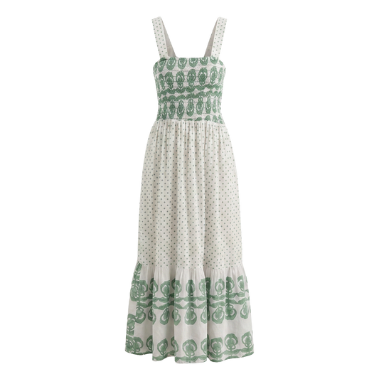 Victoria Dress in Pansy Border Stripe & Polka Dot