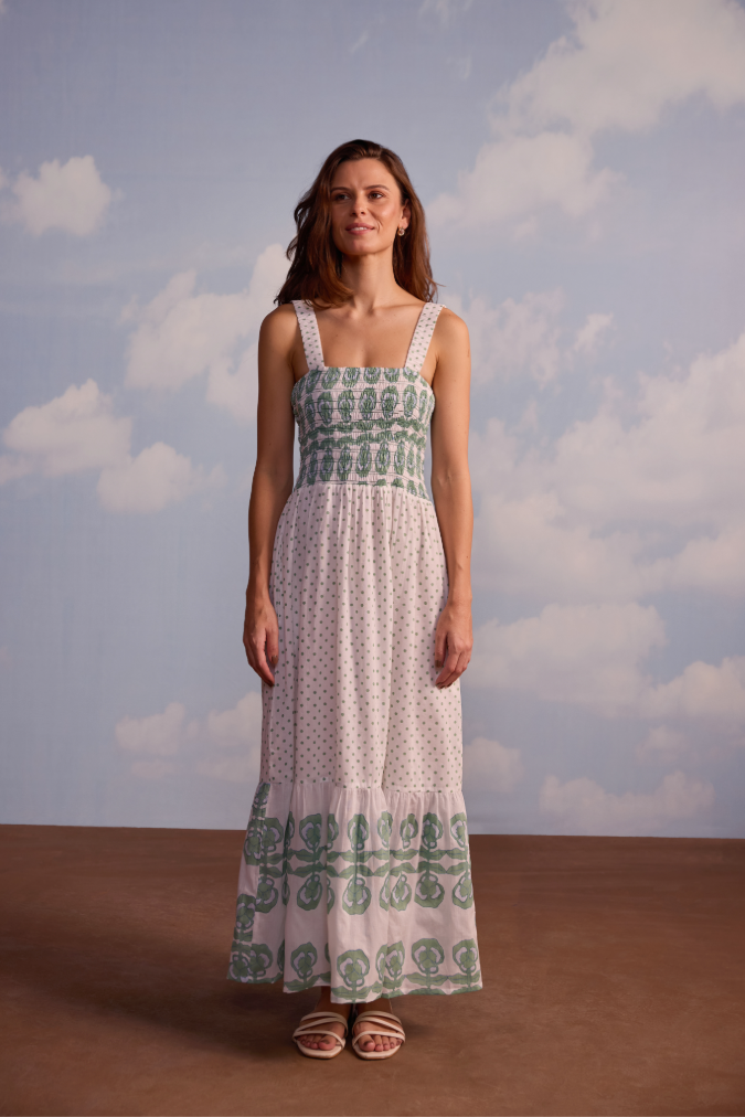 Victoria Dress in Pansy Border Stripe & Polka Dot