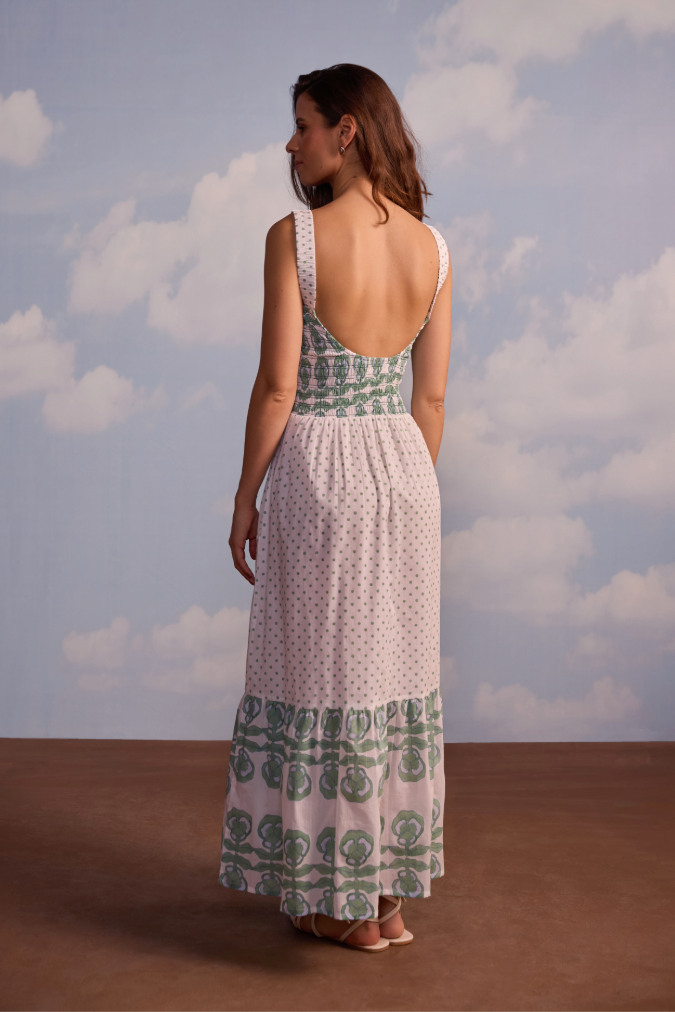 Victoria Dress in Pansy Border Stripe & Polka Dot