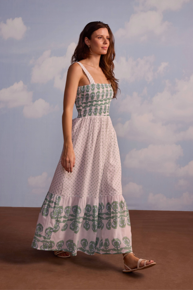 Victoria Dress in Pansy Border Stripe & Polka Dot