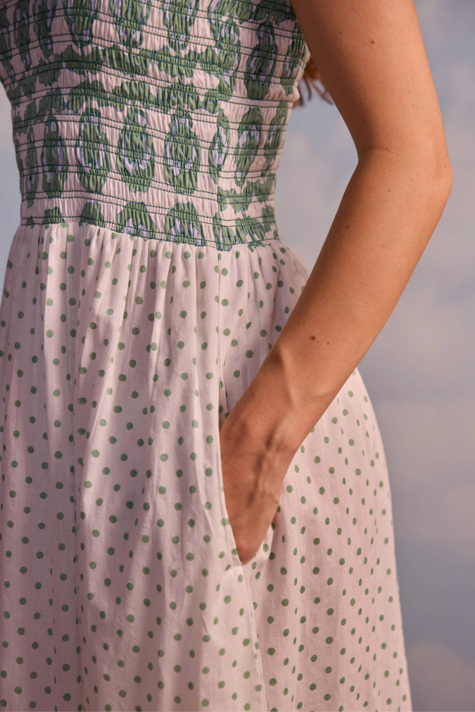 Victoria Dress in Pansy Border Stripe & Polka Dot