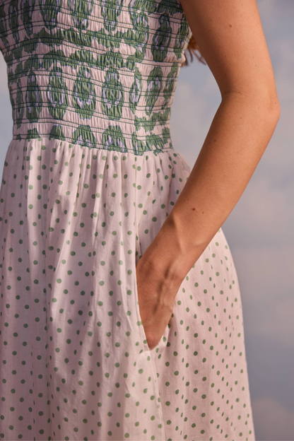 Victoria Dress in Pansy Border Stripe & Polka Dot
