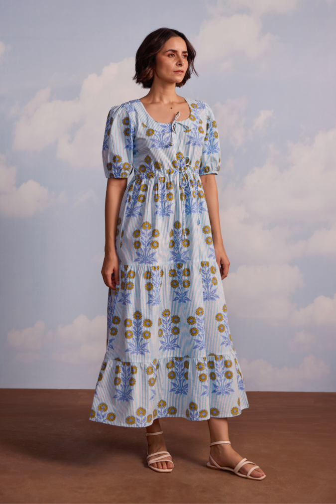 Laura Dress in Marigold on Thin Stripe