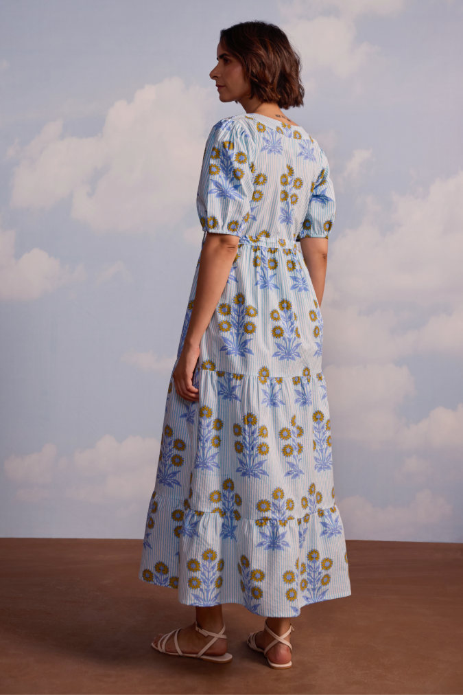 Laura Dress in Marigold on Thin Stripe