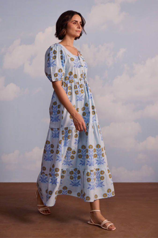 Laura Dress in Marigold on Thin Stripe