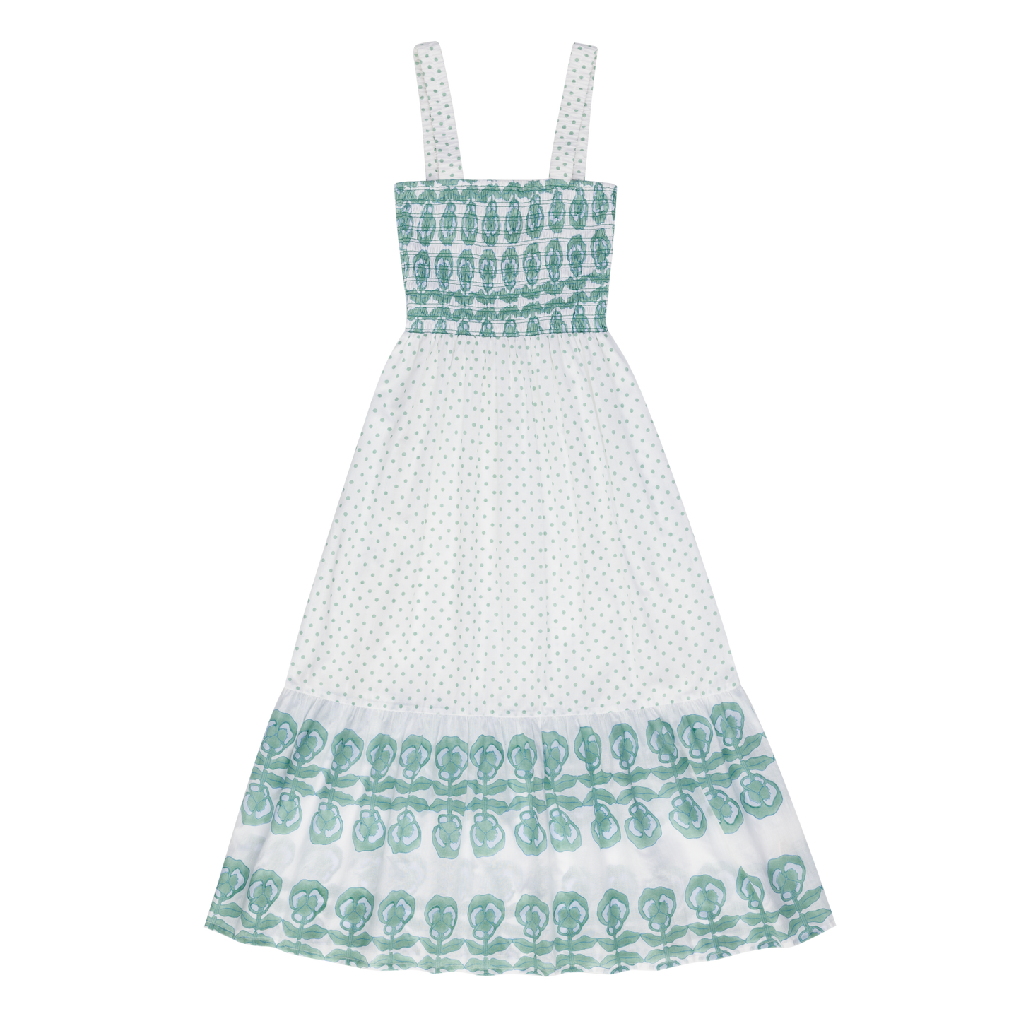 Victoria Dress in Pansy Border Stripe & Polka Dot