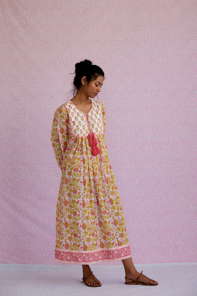 Kitty Dress in Soft Rose & Citron | SZ Blockprints – SZ BLOCKPRINTS