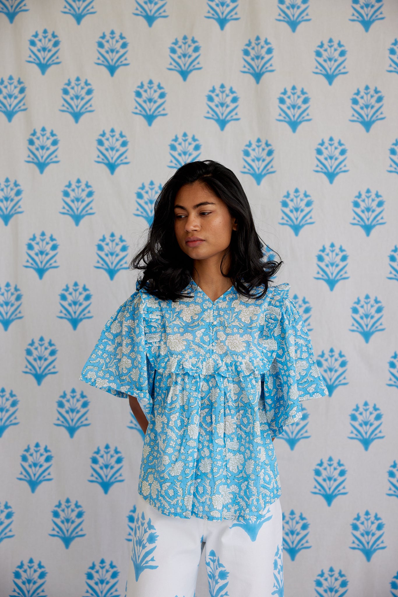 Final Sale: Mary Jane Top in China Blue & Warm Grass