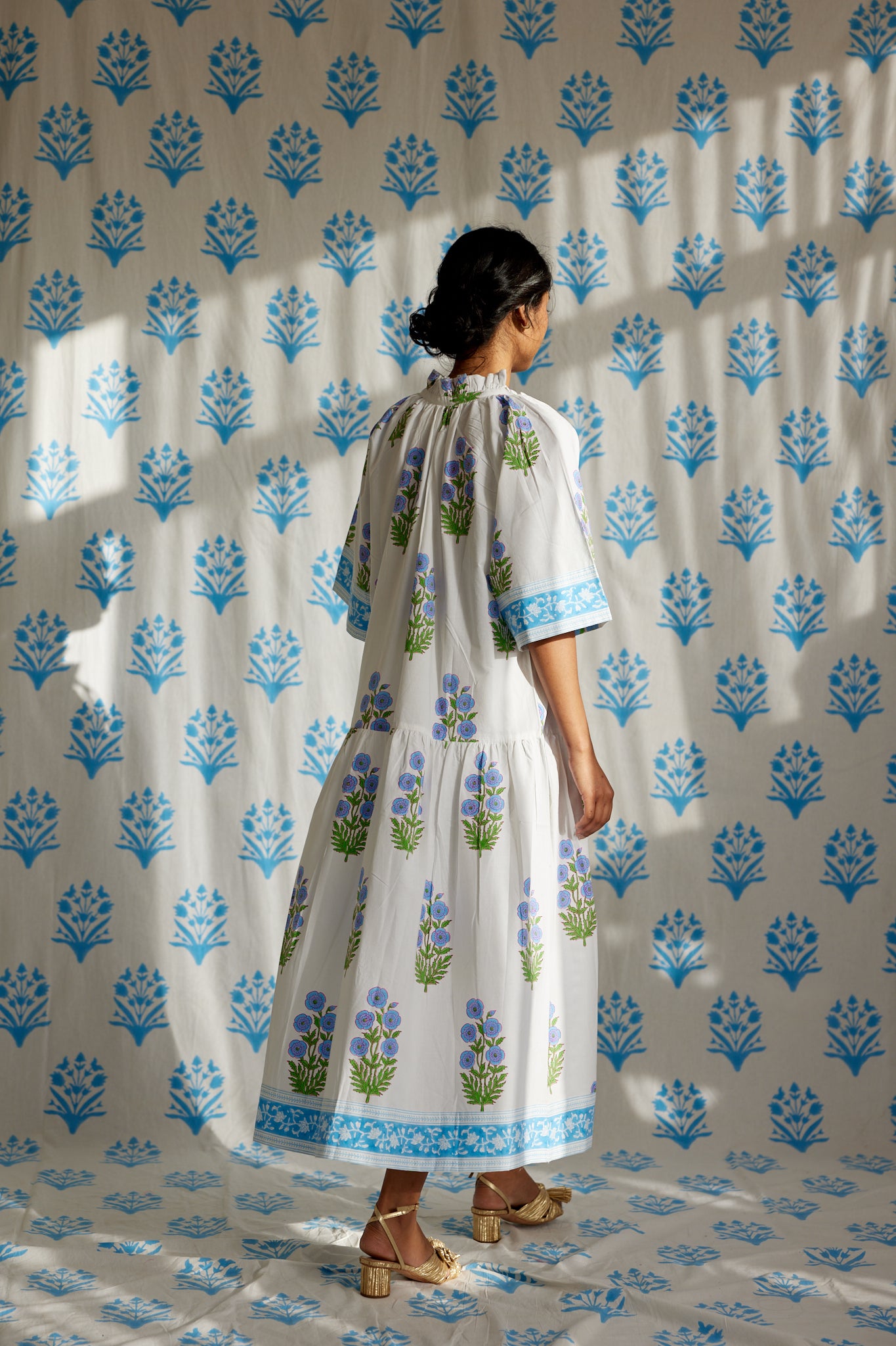 Yuva Dress in China Blue and Warm Grass