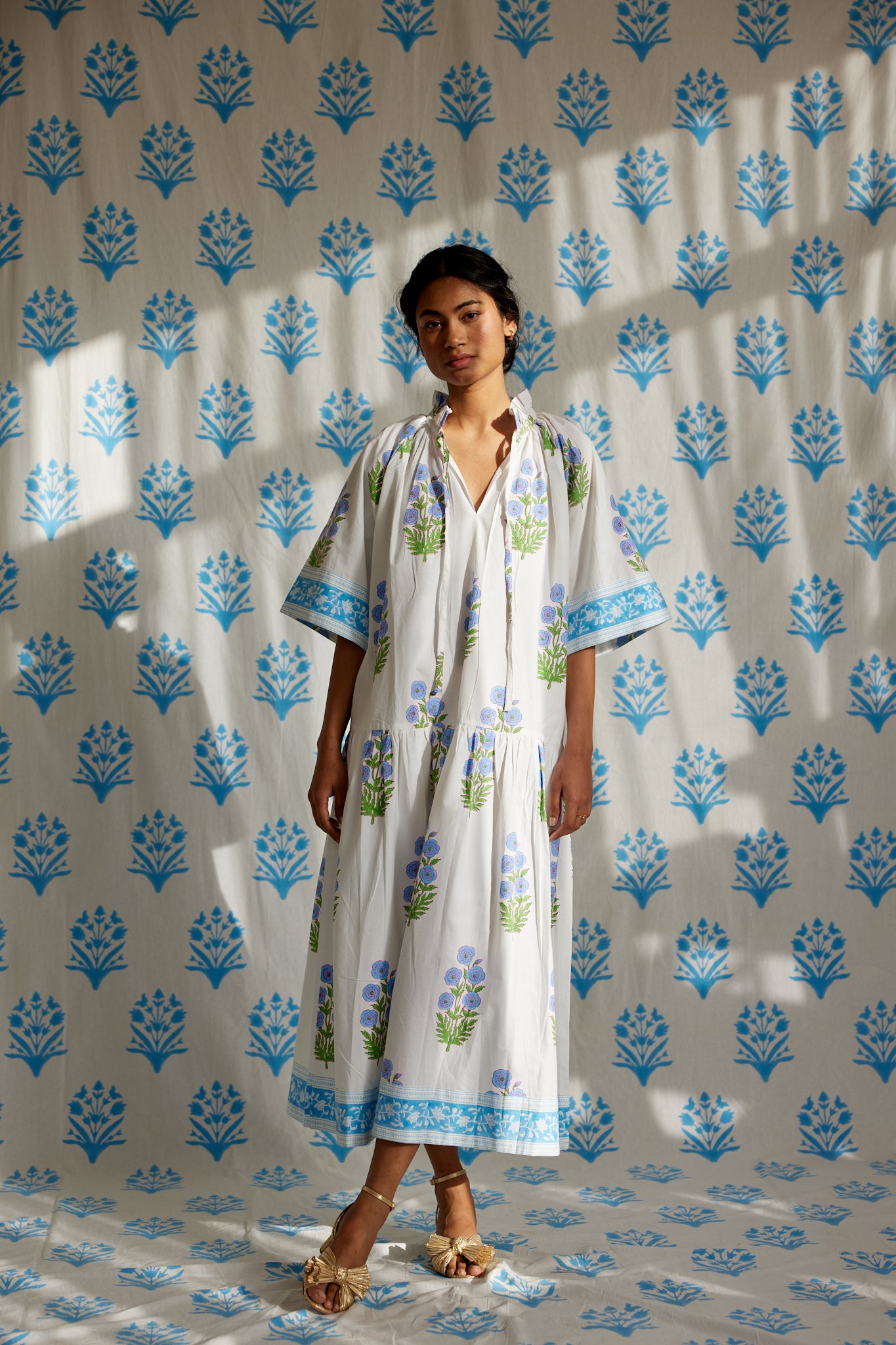 Yuva Dress in China Blue and Warm Grass