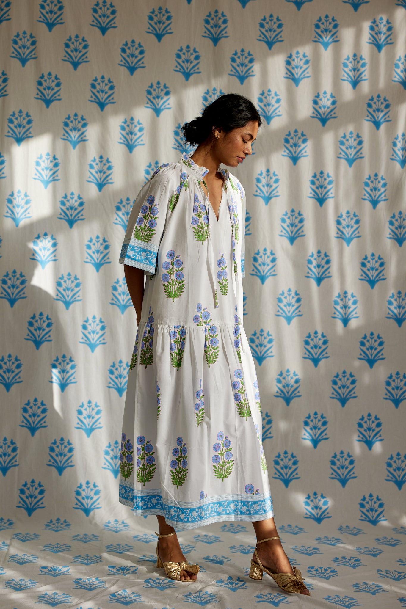 Final Sale: Yuva Dress in China Blue and Warm Grass